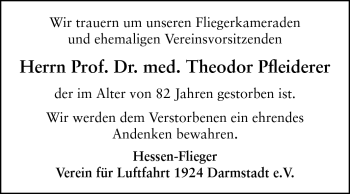 Traueranzeige von Prof. Dr. med. Theodor Pfleiderer von Echo-Zeitungen (Gesamtausgabe)