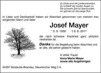 Traueranzeige von Josef Mayer von Echo-Zeitungen (Gesamtausgabe)