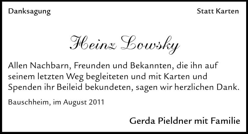  Traueranzeige für Heinz Lowsky vom 20.08.2011 aus Rüsselsheimer Echo, Groß-Gerauer-Echo, Ried Echo