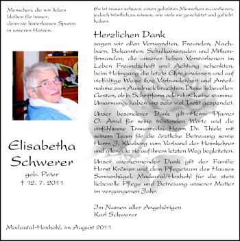 Traueranzeige von Elisabetha Schwerer von Echo-Zeitungen (Gesamtausgabe)