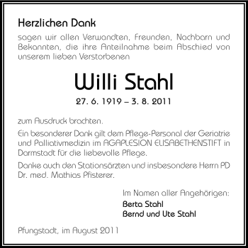 Traueranzeige von Willi Stahl von Darmstädter Echo, Odenwälder Echo, Rüsselsheimer Echo, Groß-Gerauer-Echo, Ried Echo