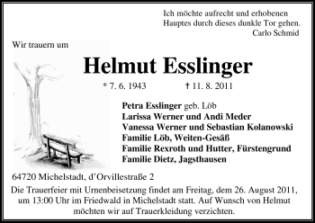Traueranzeige von Helmut Esslinger von Odenwälder Echo