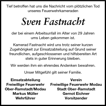 Traueranzeige von Sven Fastnacht von Darmstädter Echo, Odenwälder Echo, Rüsselsheimer Echo, Groß-Gerauer-Echo, Ried Echo