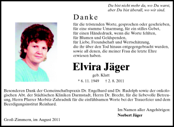 Traueranzeige von Elvira Jäger von Echo-Zeitungen (Gesamtausgabe)