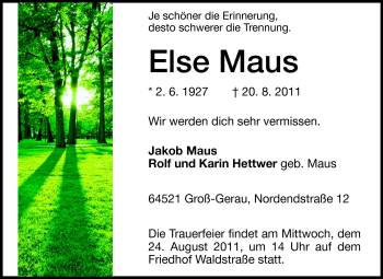 Traueranzeige von Else Maus von Rüsselsheimer Echo, Groß-Gerauer-Echo, Ried Echo