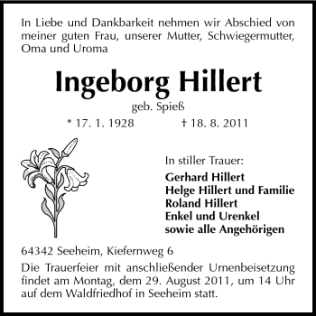 Traueranzeige von Ingeborg Hillert von Echo-Zeitungen (Gesamtausgabe)