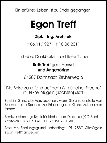 Traueranzeige von Egon Treff von Echo-Zeitungen (Gesamtausgabe)