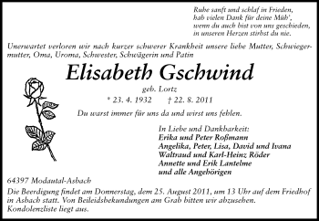 Traueranzeige von Elisabeth Gschwind von Echo-Zeitungen (Gesamtausgabe)
