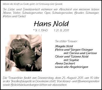 Traueranzeige von Hans Nold von Rüsselsheimer Echo, Groß-Gerauer-Echo, Ried Echo