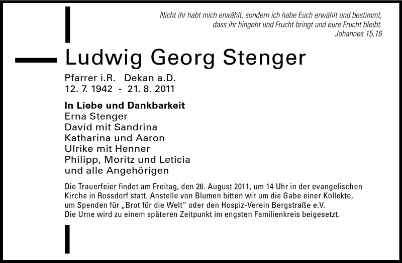  Traueranzeige für Ludwig Georg Stenger vom 24.08.2011 aus Echo-Zeitungen (Gesamtausgabe)