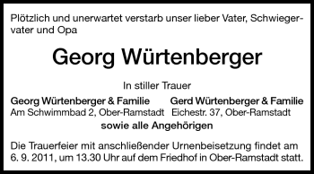 Traueranzeige von Georg Würtenberger von Darmstädter Echo, Odenwälder Echo, Rüsselsheimer Echo, Groß-Gerauer-Echo, Ried Echo