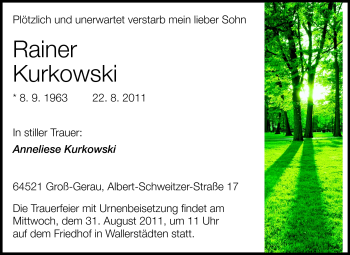 Traueranzeige von Rainer Kurkowski von Rüsselsheimer Echo, Groß-Gerauer-Echo, Ried Echo