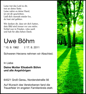 Traueranzeige von Uwe Böhm von Rüsselsheimer Echo, Groß-Gerauer-Echo, Ried Echo