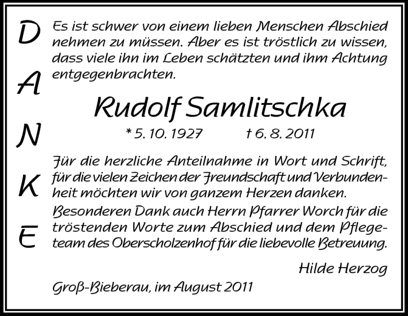  Traueranzeige für Rudolf Samlitschka vom 27.08.2011 aus Echo-Zeitungen (Gesamtausgabe)