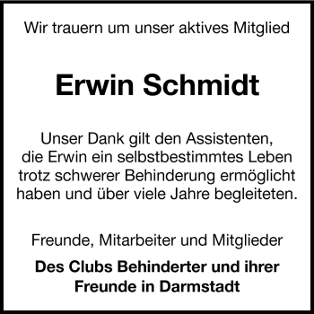 Traueranzeige von Erwin Schmidt von Echo-Zeitungen (Gesamtausgabe)