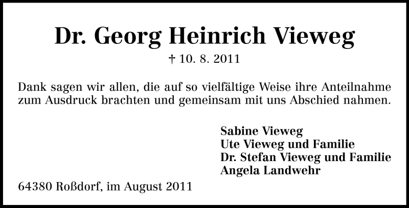  Traueranzeige für Georg Heinrich Vieweg vom 27.08.2011 aus Echo-Zeitungen (Gesamtausgabe)