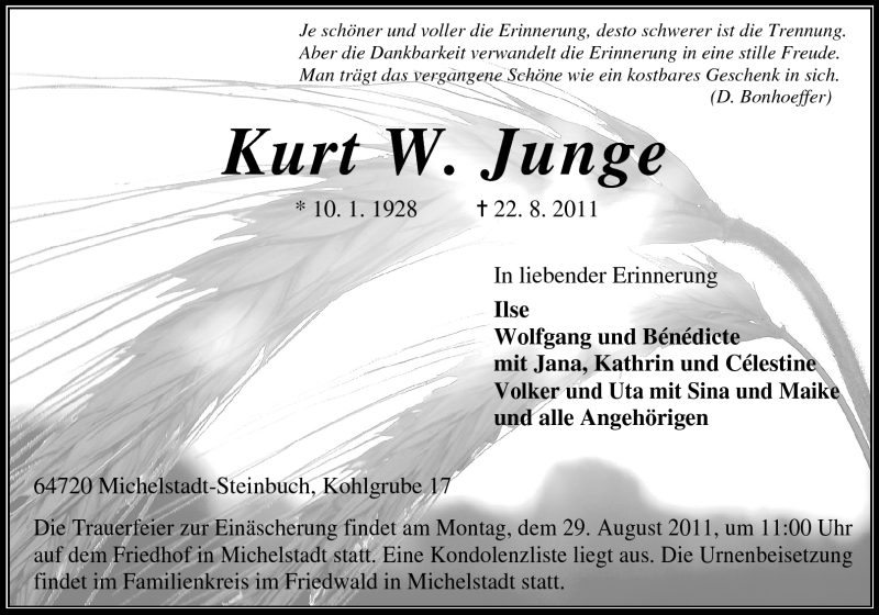 Traueranzeige für Kurt W. Junge vom 26.08.2011 aus Odenwälder Echo