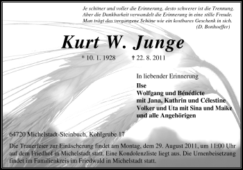 Traueranzeige von Kurt W. Junge von Odenwälder Echo