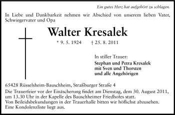 Traueranzeige von Walter Kresalek von Rüsselsheimer Echo, Groß-Gerauer-Echo, Ried Echo