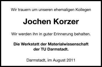 Traueranzeige von Jochen Korzer von Echo-Zeitungen (Gesamtausgabe)