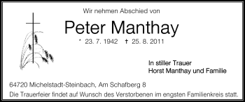 Traueranzeige von Peter Manthay von Odenwälder Echo