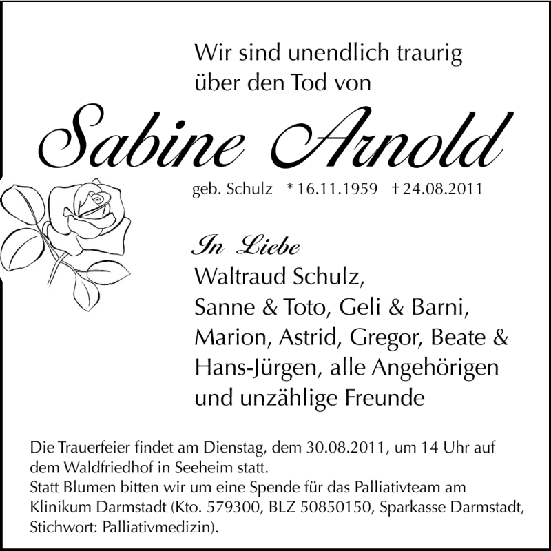  Traueranzeige für Sabine Arnold vom 27.08.2011 aus Echo-Zeitungen (Gesamtausgabe)