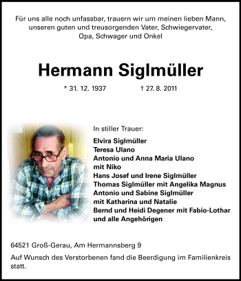 Traueranzeige von Hermann Siglmüller von Rüsselsheimer Echo, Groß-Gerauer-Echo, Ried Echo