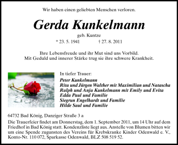 Traueranzeige von Gerda Kunkelmann von Odenwälder Echo