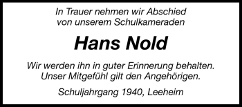 Traueranzeige von Hans Nold von Rüsselsheimer Echo, Groß-Gerauer-Echo, Ried Echo