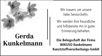 Traueranzeige von Gerda Kunkelmann von Odenwälder Echo