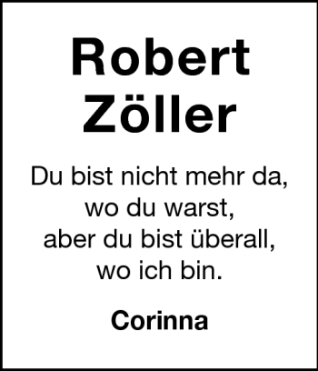Traueranzeige von Robert Zöller von Darmstädter Echo, Odenwälder Echo, Rüsselsheimer Echo, Groß-Gerauer-Echo, Ried Echo