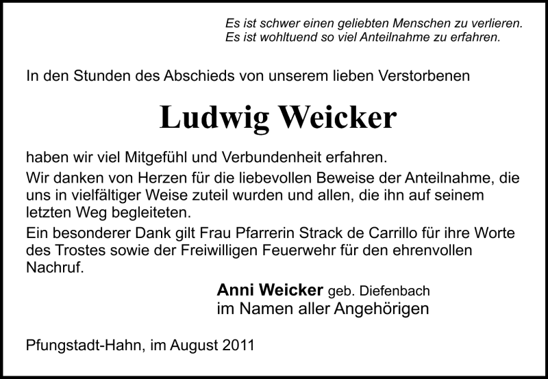  Traueranzeige für Ludwig Weicker vom 31.08.2011 aus Echo-Zeitungen (Gesamtausgabe)