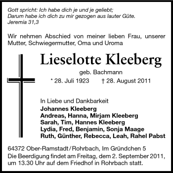 Traueranzeige von Lieselotte Kleeberg von Darmstädter Echo, Odenwälder Echo, Rüsselsheimer Echo, Groß-Gerauer-Echo, Ried Echo