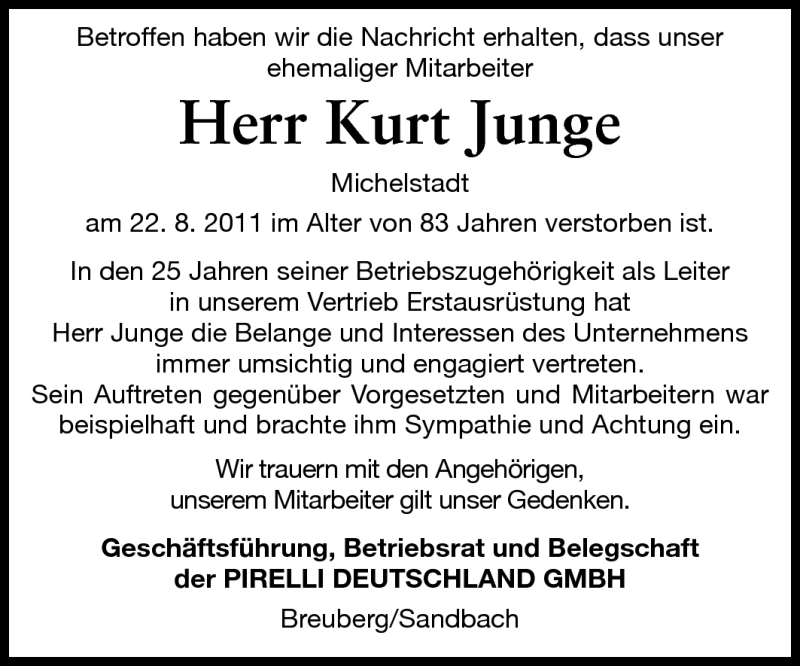  Traueranzeige für Kurt W. Junge vom 31.08.2011 aus Odenwälder Echo