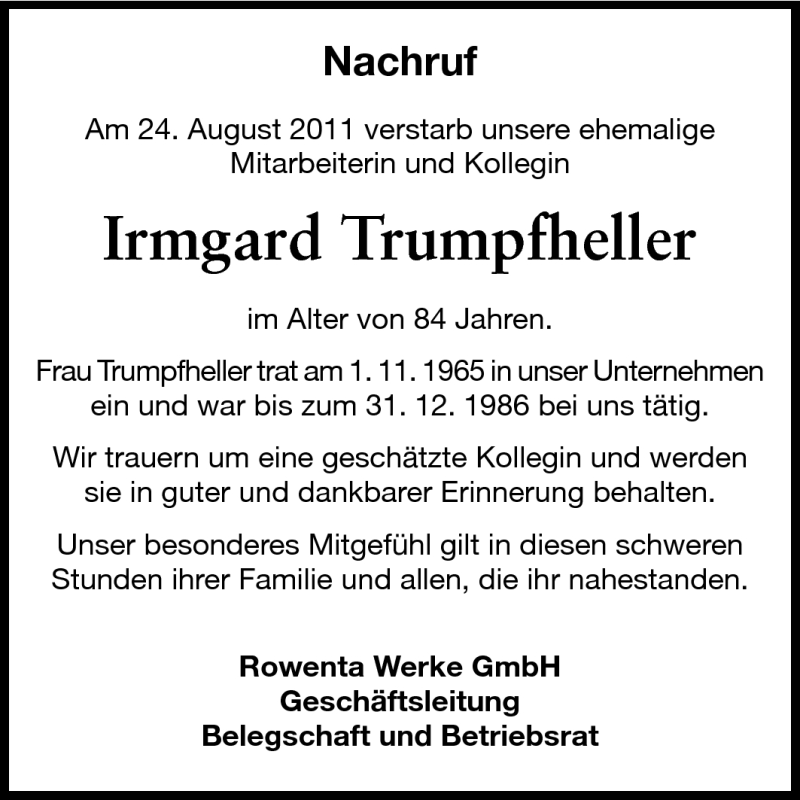  Traueranzeige für Irmgard Trumpfheller vom 31.08.2011 aus Odenwälder Echo