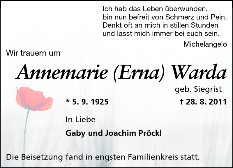  Traueranzeige für Annemarie (Erna) Warda vom 07.09.2011 aus Echo-Zeitungen (Gesamtausgabe)