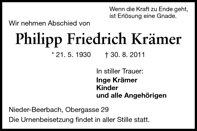  Traueranzeige für Philipp Friedrich Krämer vom 03.09.2011 aus Echo-Zeitungen (Gesamtausgabe)