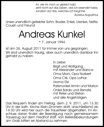 Traueranzeige von Andreas Kunkel von Echo-Zeitungen (Gesamtausgabe)