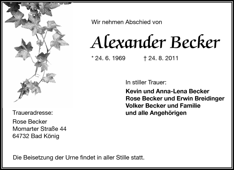  Traueranzeige für Alexander Becker vom 01.09.2011 aus Odenwälder Echo