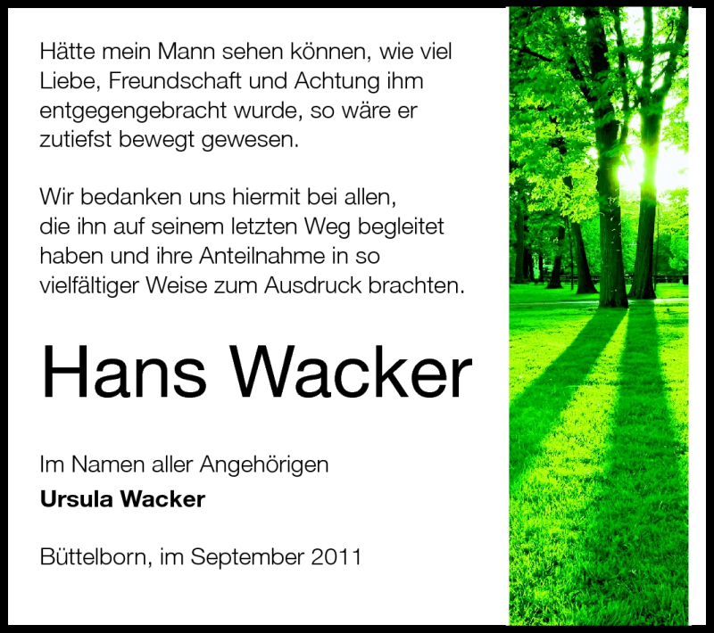  Traueranzeige für Hans Ludwig Wacker vom 03.09.2011 aus Rüsselsheimer Echo, Groß-Gerauer-Echo, Ried Echo