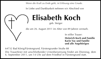 Traueranzeige von Elisabeth Koch von Odenwälder Echo