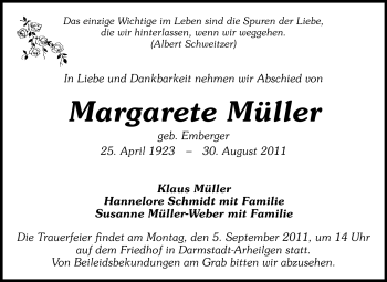 Traueranzeige von Margarete Müller von Echo-Zeitungen (Gesamtausgabe)