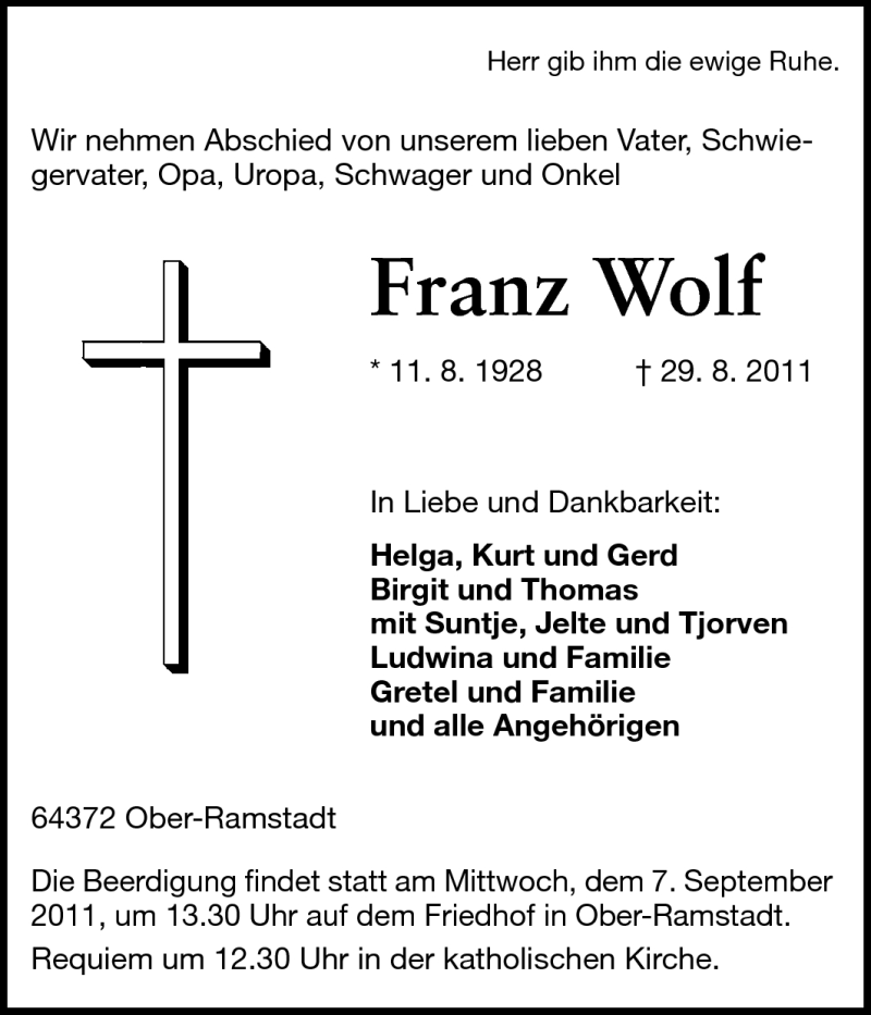 Traueranzeige für Franz Wolf vom 03.09.2011 aus Echo-Zeitungen (Gesamtausgabe)