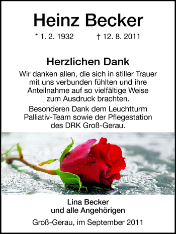 Traueranzeige von Heinz Becker von Rüsselsheimer Echo, Groß-Gerauer-Echo, Ried Echo