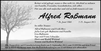 Traueranzeige von Alfred Roßmann von Darmstädter Echo, Odenwälder Echo, Rüsselsheimer Echo, Groß-Gerauer-Echo, Ried Echo