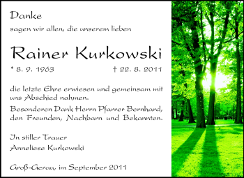 Traueranzeige von Rainer Kurkowski von Rüsselsheimer Echo, Groß-Gerauer-Echo, Ried Echo