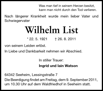 Traueranzeige von Wilhelm List von Echo-Zeitungen (Gesamtausgabe)