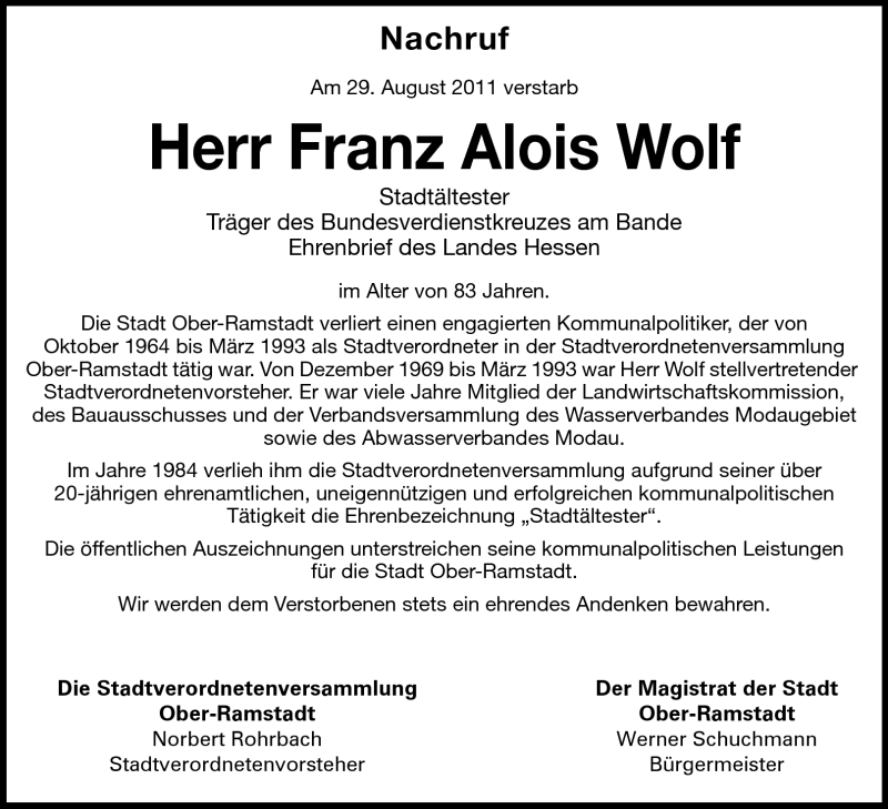  Traueranzeige für Franz Wolf vom 05.09.2011 aus Echo-Zeitungen (Gesamtausgabe)