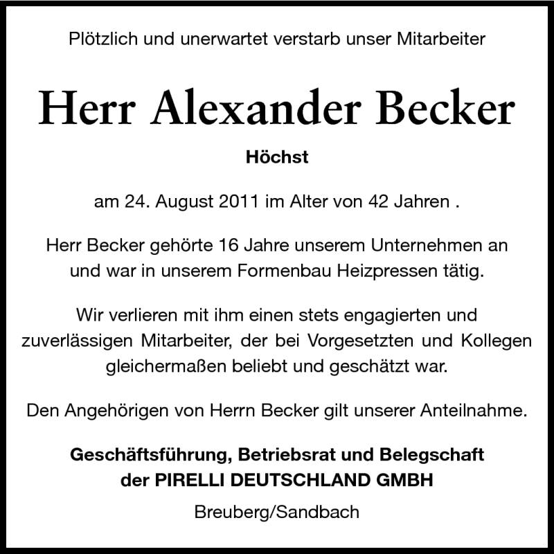  Traueranzeige für Alexander Becker vom 03.09.2011 aus Odenwälder Echo