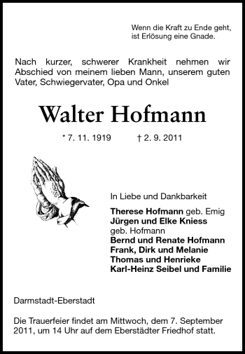 Traueranzeige von Walter Hofmann von Echo-Zeitungen (Gesamtausgabe)